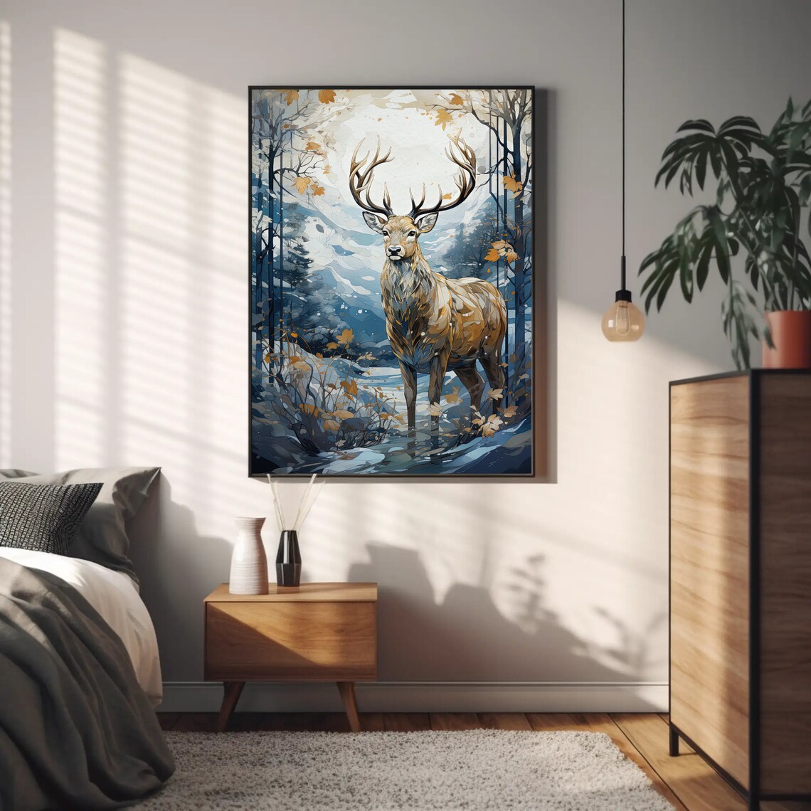 Golden Deer in a Snowy Landscape, Christmas Art Print - Image 4