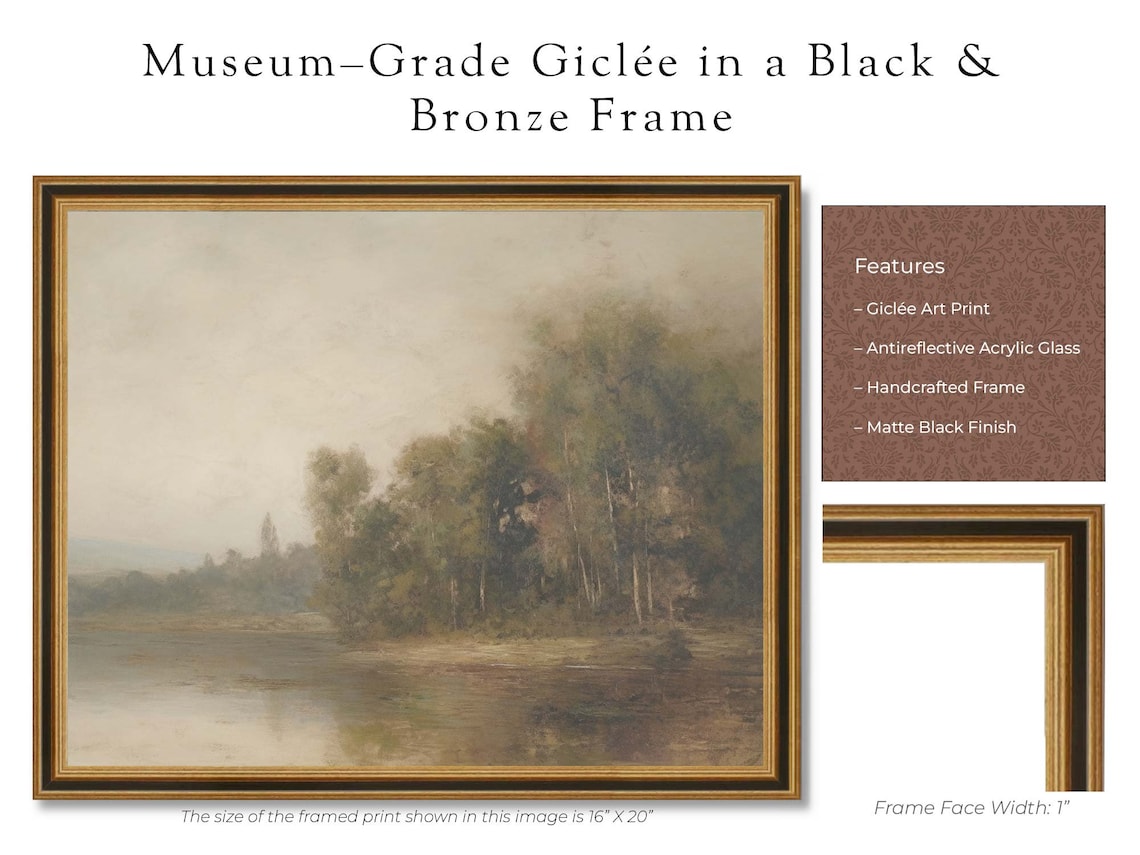 Vintage Lakeside Landscape Oil Painting, Art Print - Image 2