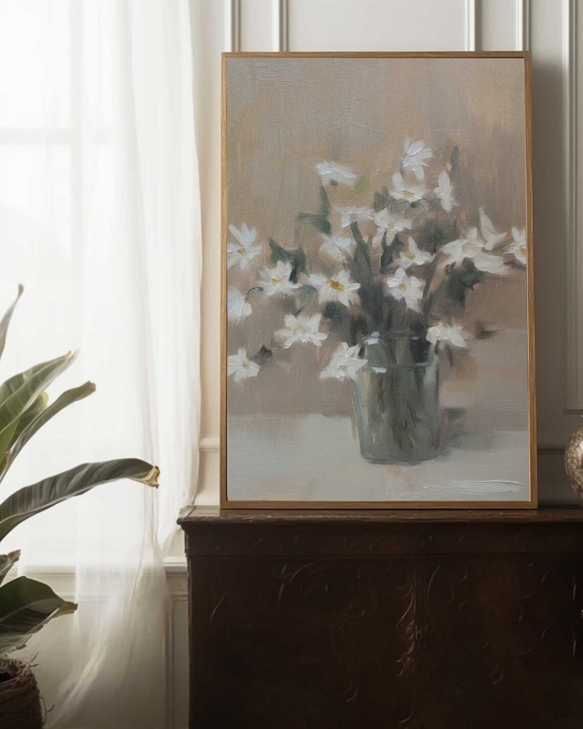 Daisy Still Life, Neutral Impressionist Art Print - Image 3