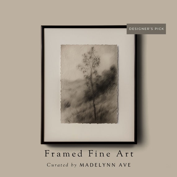 Framed Hillside Sketch Art Print Black White Antique Style Wall Art Drawing Giclee On Framed Or Paper Tree Landscape