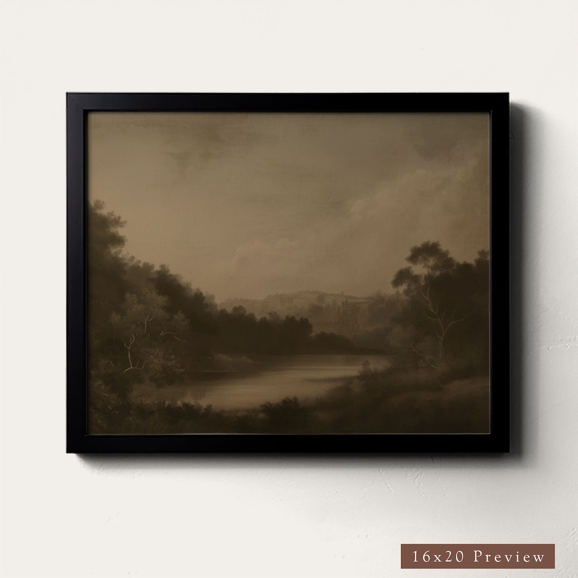 Vintage Moody Riverside Cottage Landscape Art Print - Image 2