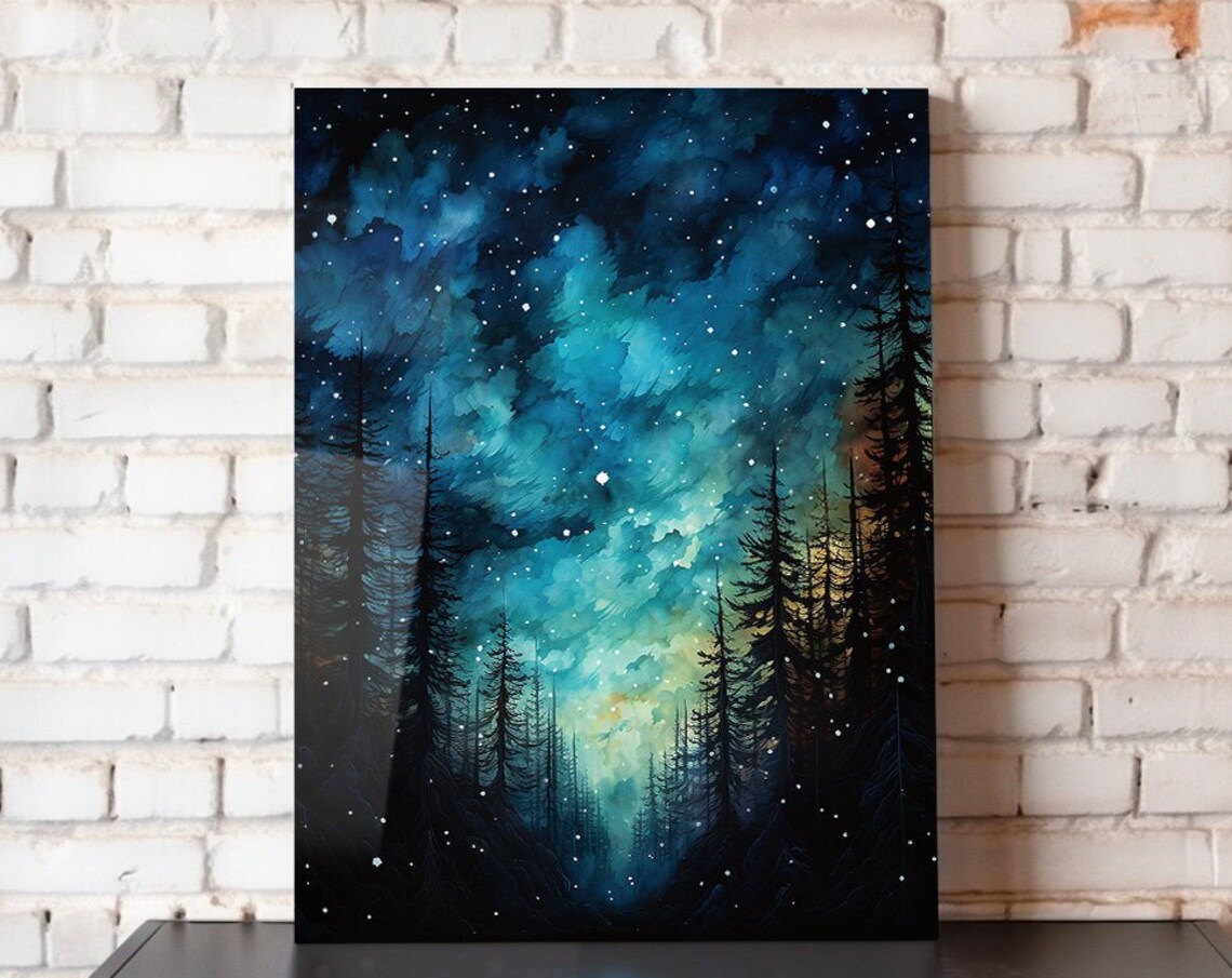 Starry Night Sky Pine Forest Teal Watercolor Cosmic Woodland Art Poster