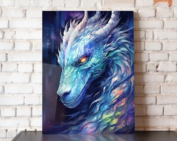 Cosmic Ice Dragon Portrait Orange Eye Starry Night Fantasy Art Print