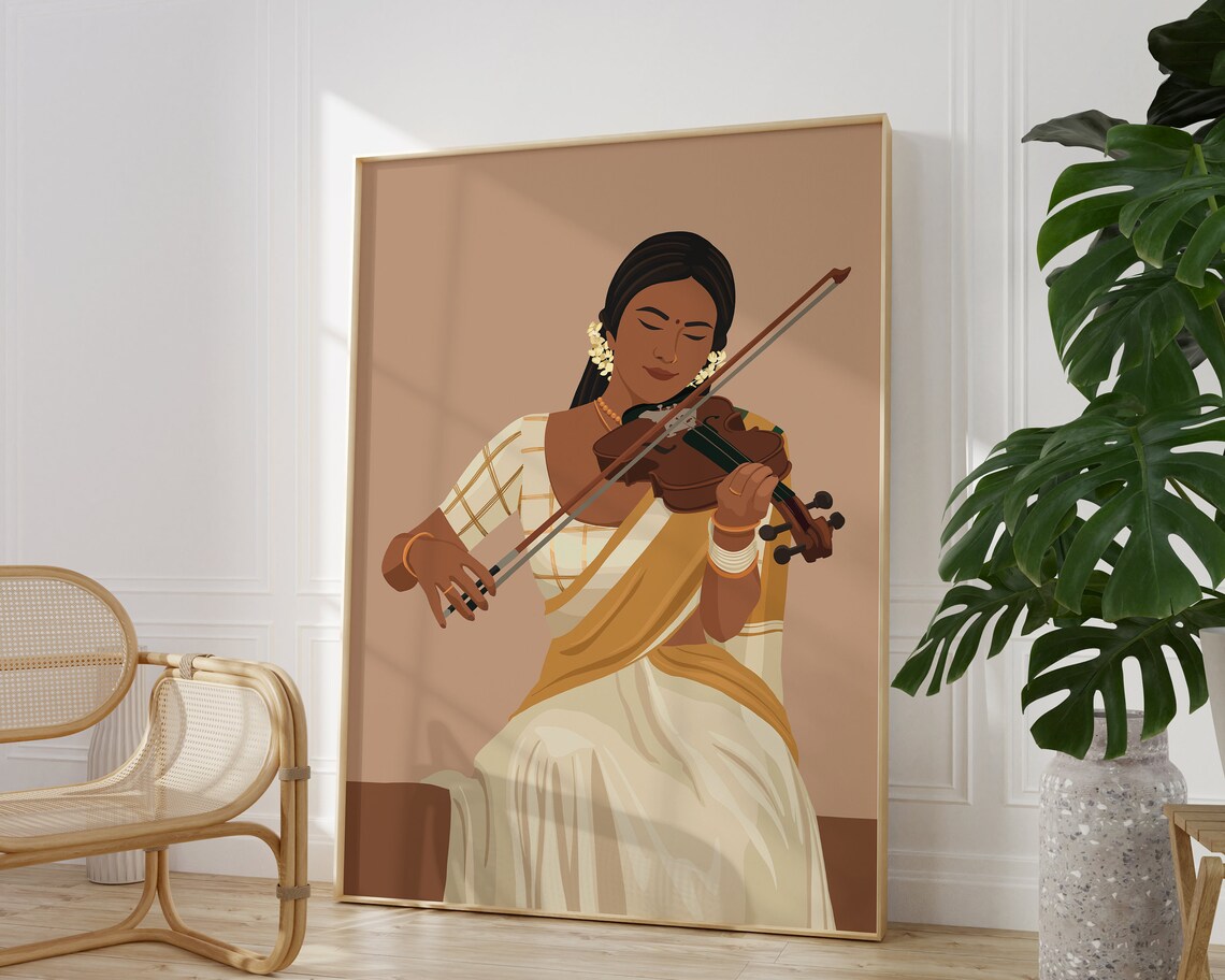 Indian Woman Playing Violin, South Indian Art Print - Image 3