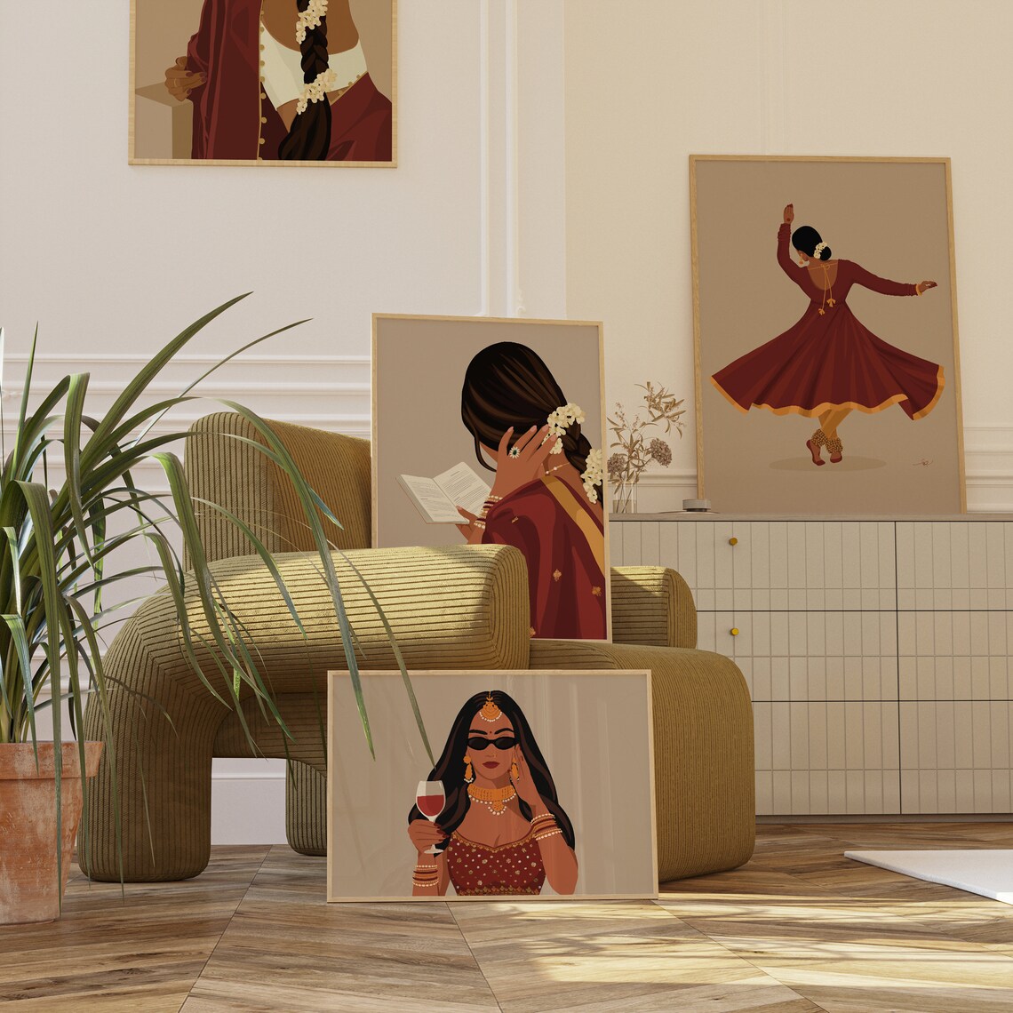Indian Women In Saree Reading Book, Boho Art - Image 3