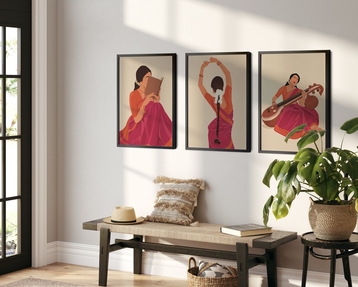 Women in Saree Reading Book, Boho Indian Art Print - Image 3