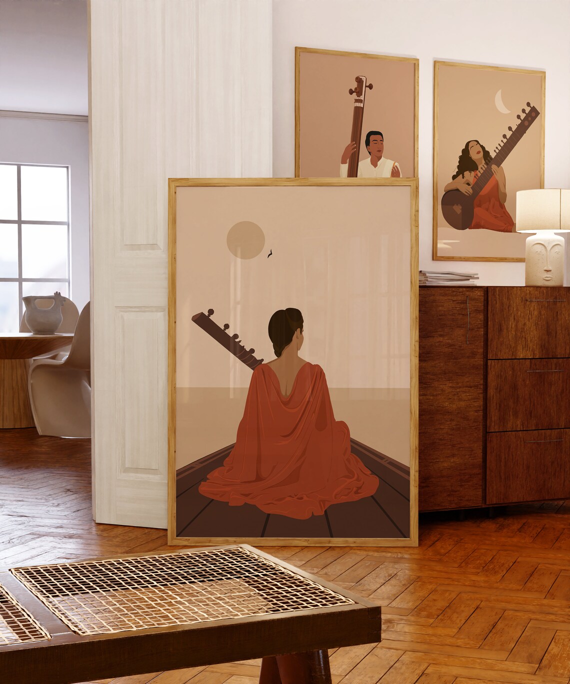 Indian Woman Playing Sitar, Indian Art Print - Image 4