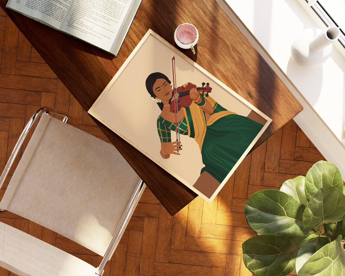 Indian Woman Playing Violin, South Indian Art Print - Image 4