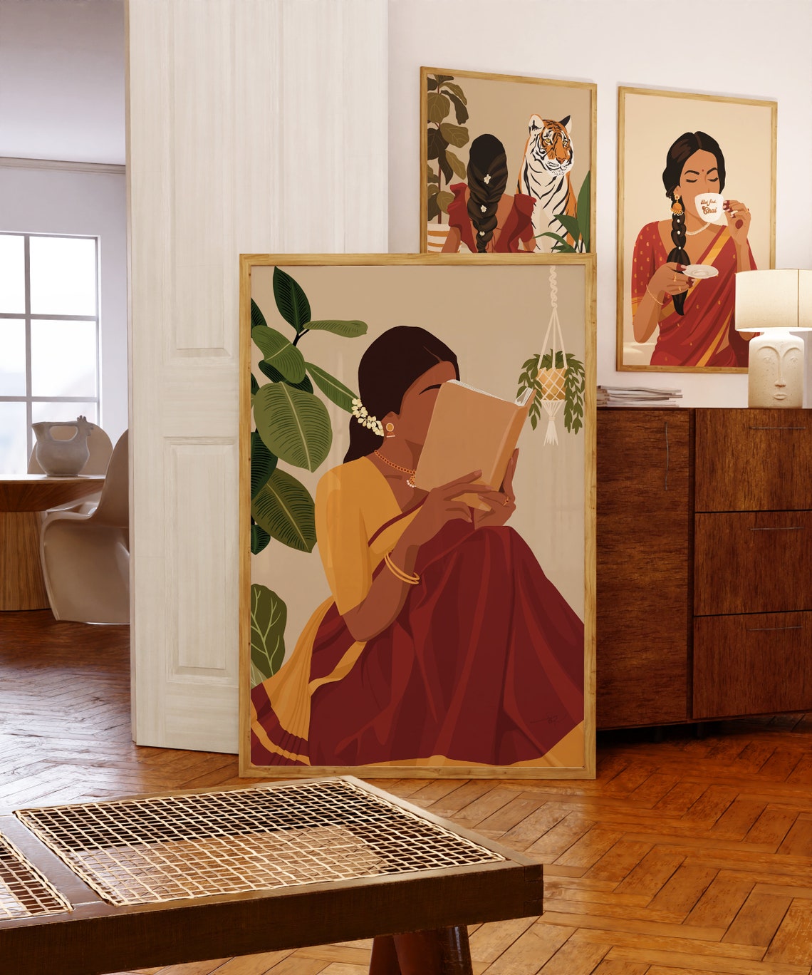 Indian Women In Saree Reading Book Art Boho Art Desi Art Indian Book Lovers Wall Art South Asian Art Indian Art Tamil Girl Brown Girl - Image 3