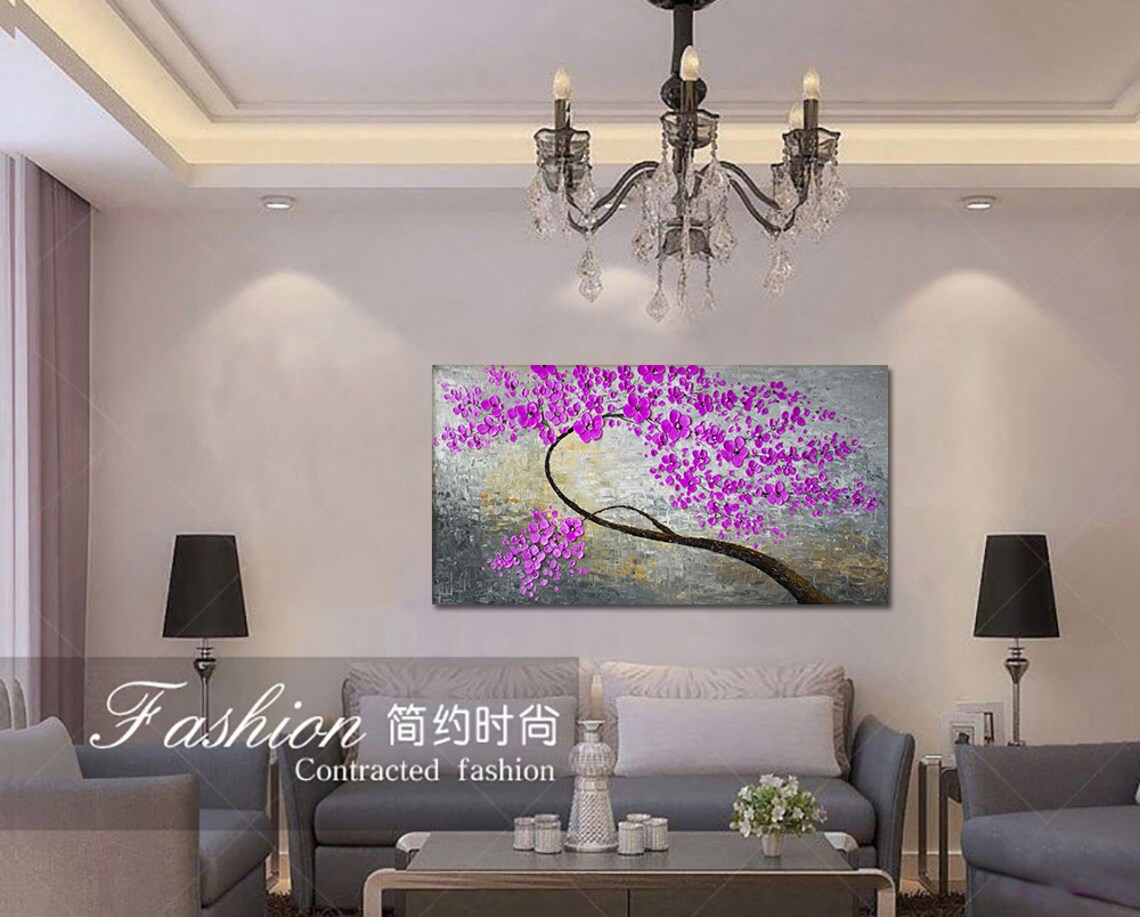 Magenta Cherry Blossom Branch On Stone Grey Textured Oil Poster - Image 3