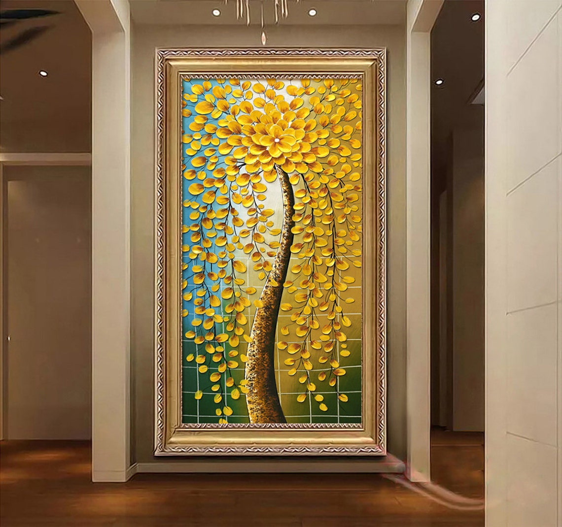 Golden Weeping Flower Tree With Curved Trunk Oil Paint Poster - Image 2