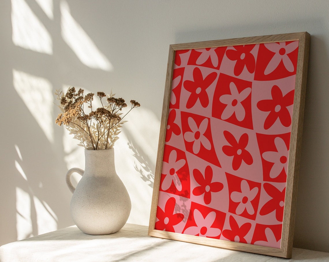 Pink and Red Groovy Flower Checkerboard Pattern Retro Floral Wall Art - Image 2