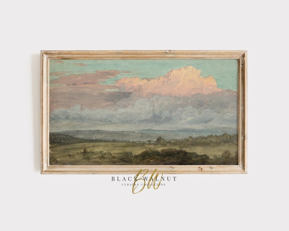 Frame Tv Fall Art Green Meadow Landscape Painting Pink Clouds Vintage Muted Meadow Frame Tv Warm Tone Field Moody Antique Art