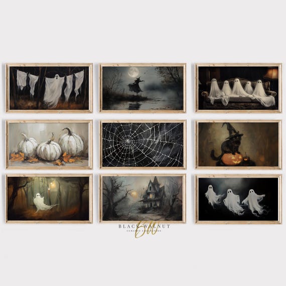 Halloween Frame Tv Set Cute Ghost Art Witchy Decor Cute Halloween Paintings Black Cat Tv Screen Saver Spooky Trendy Halloween Bundle