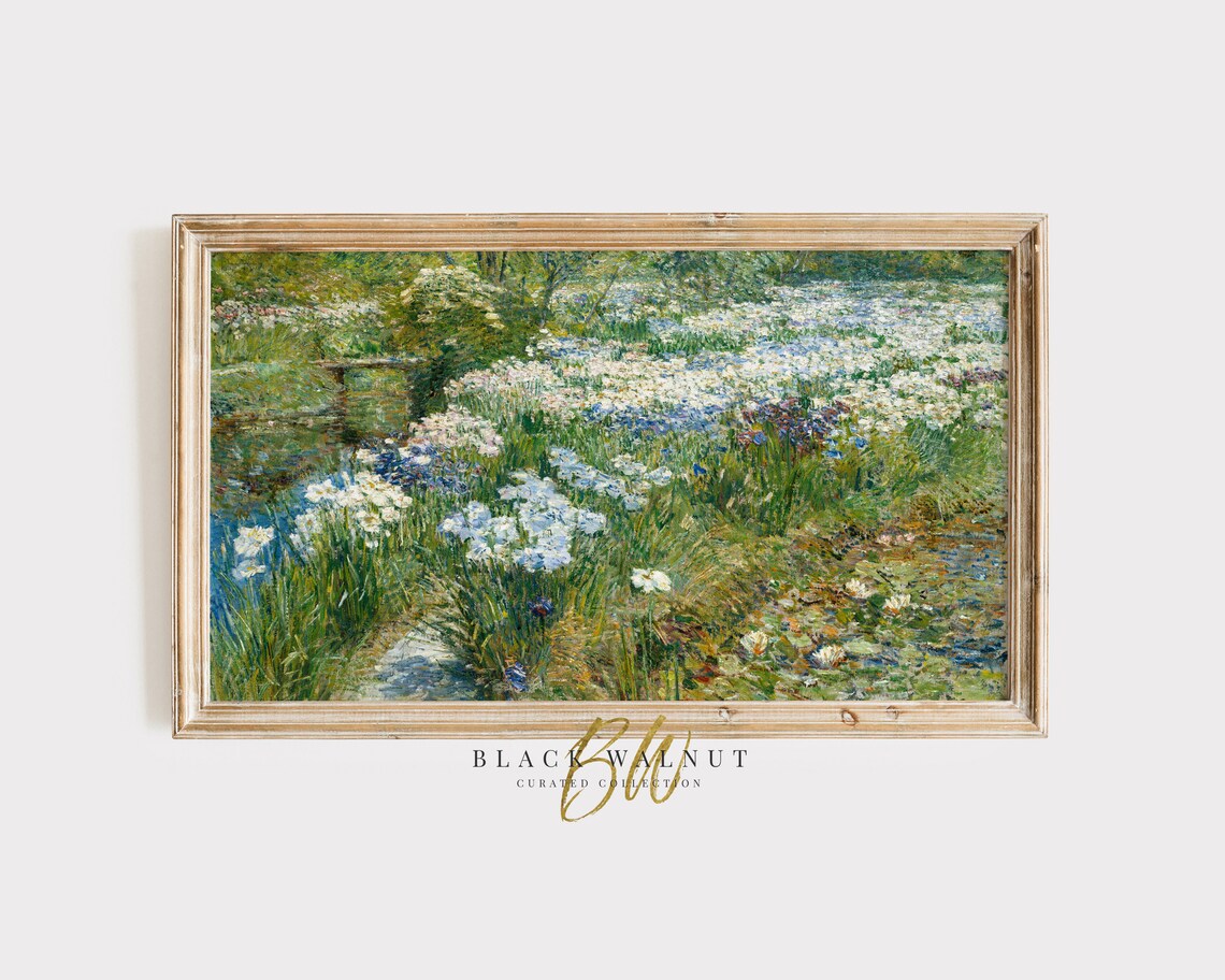 Impressionist Iris Field Pond White Blue Purple Garden Painting Print