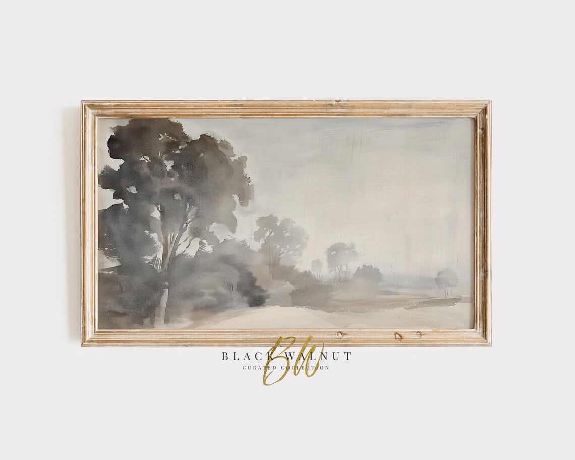 Misty Gray Meadow with Dark Tree Neutral Vintage Landscape Art Poster