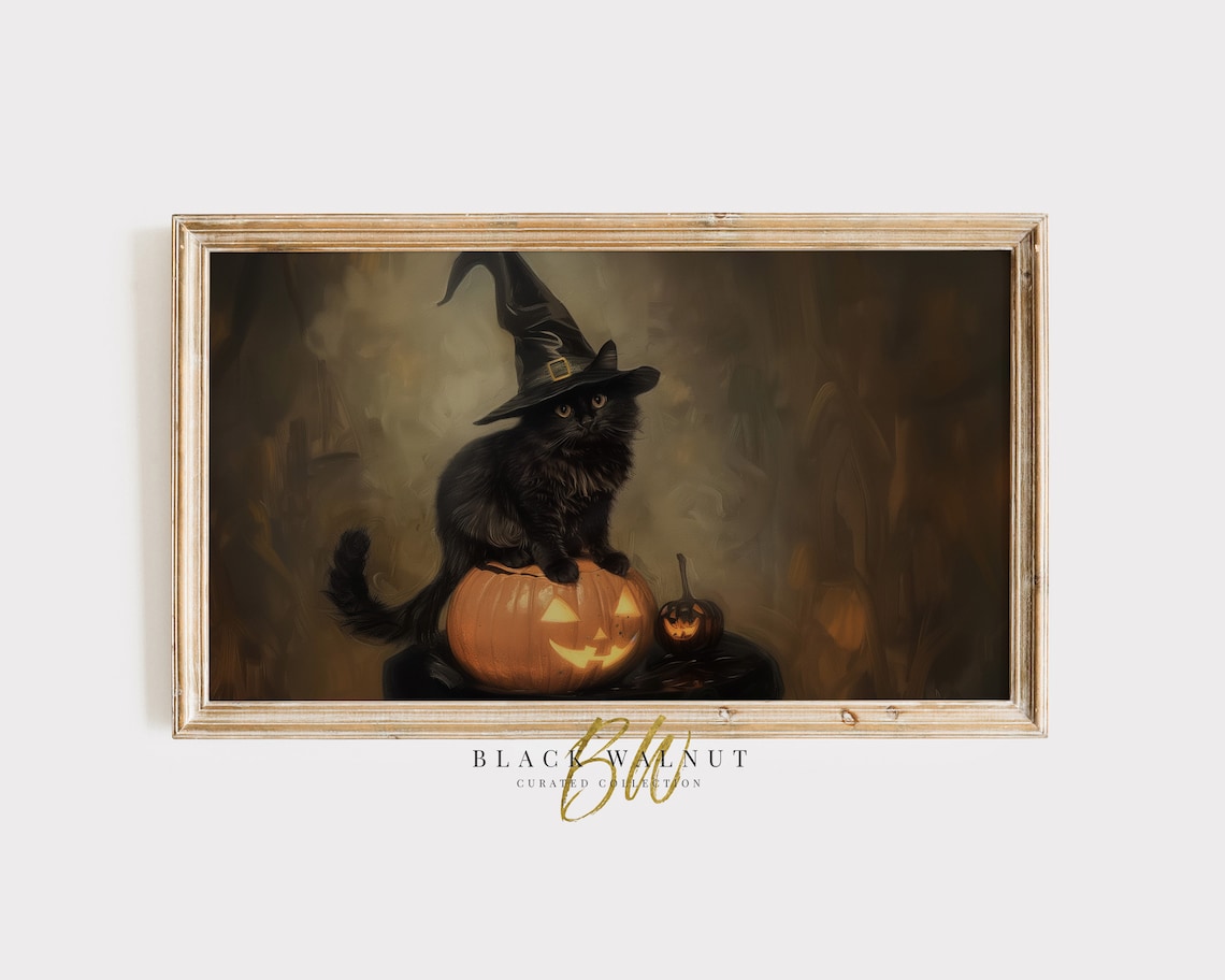 Black Cat Witch Hat Pumpkin Vintage Halloween Painting Cute Spooky Art Poster