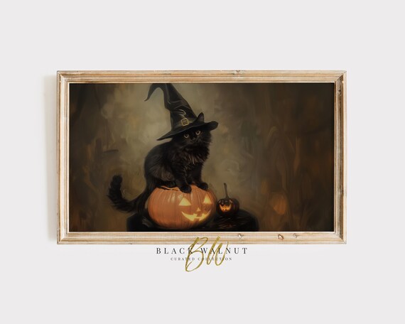 Black Cat Witch Hat Pumpkin Vintage Halloween Painting Cute Spooky Art Poster
