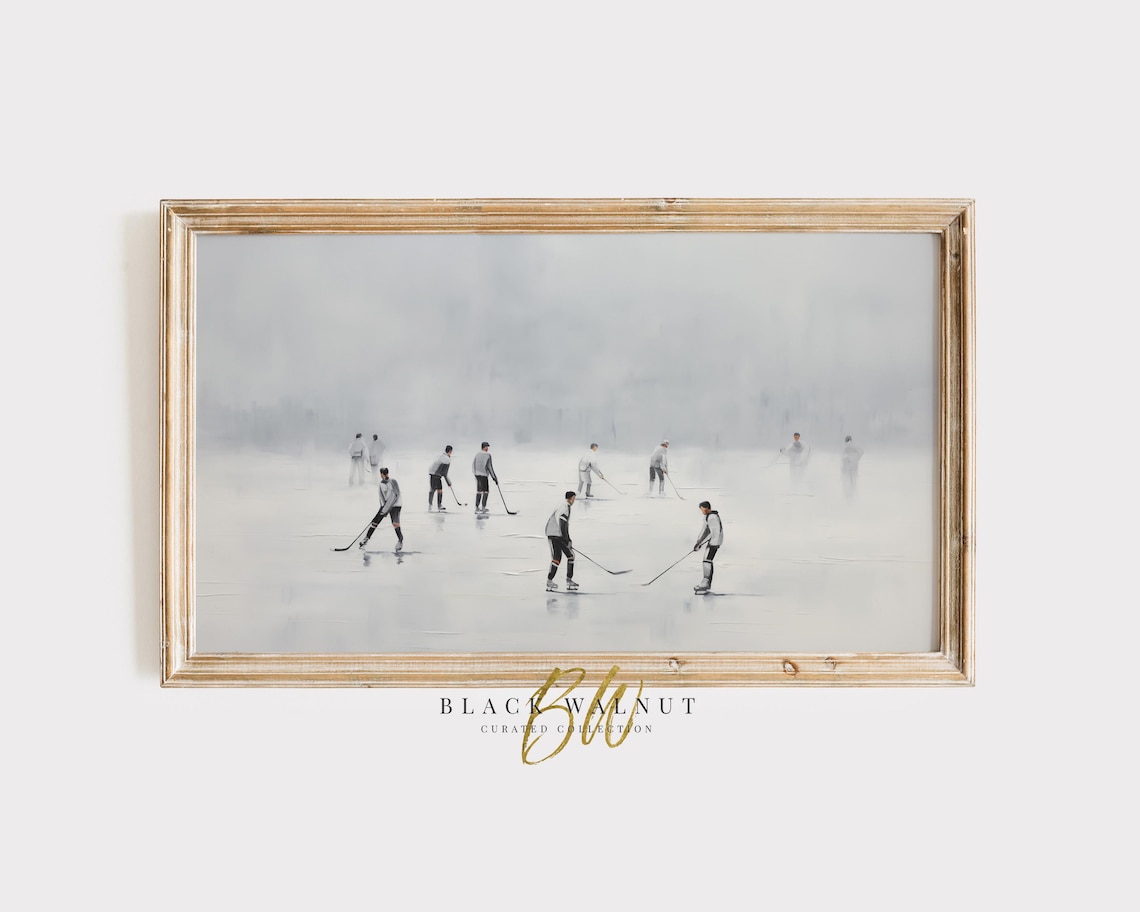 Ice Hockey Players Frozen Pond Misty Winter Sports Painting Wall Art