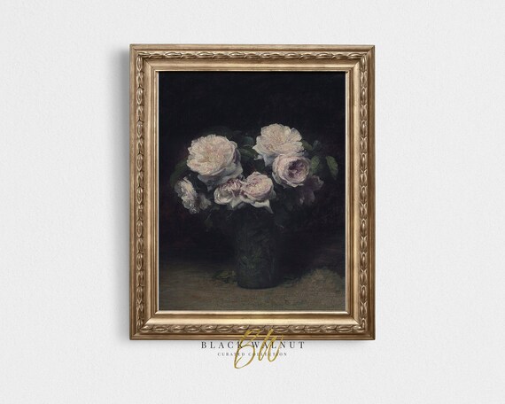 Vintage Moody Floral Print Antique Painting Still Life Oil Painting Vintage Poster Kitchen Shelf Print Antique Botanical Painting