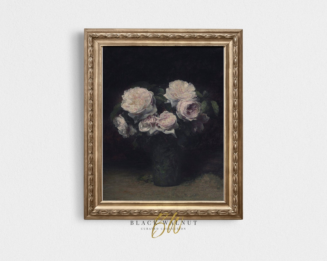 Vintage Moody Floral Print Antique Painting Still Life Oil Painting Vintage Poster Kitchen Shelf Print Antique Botanical Painting
