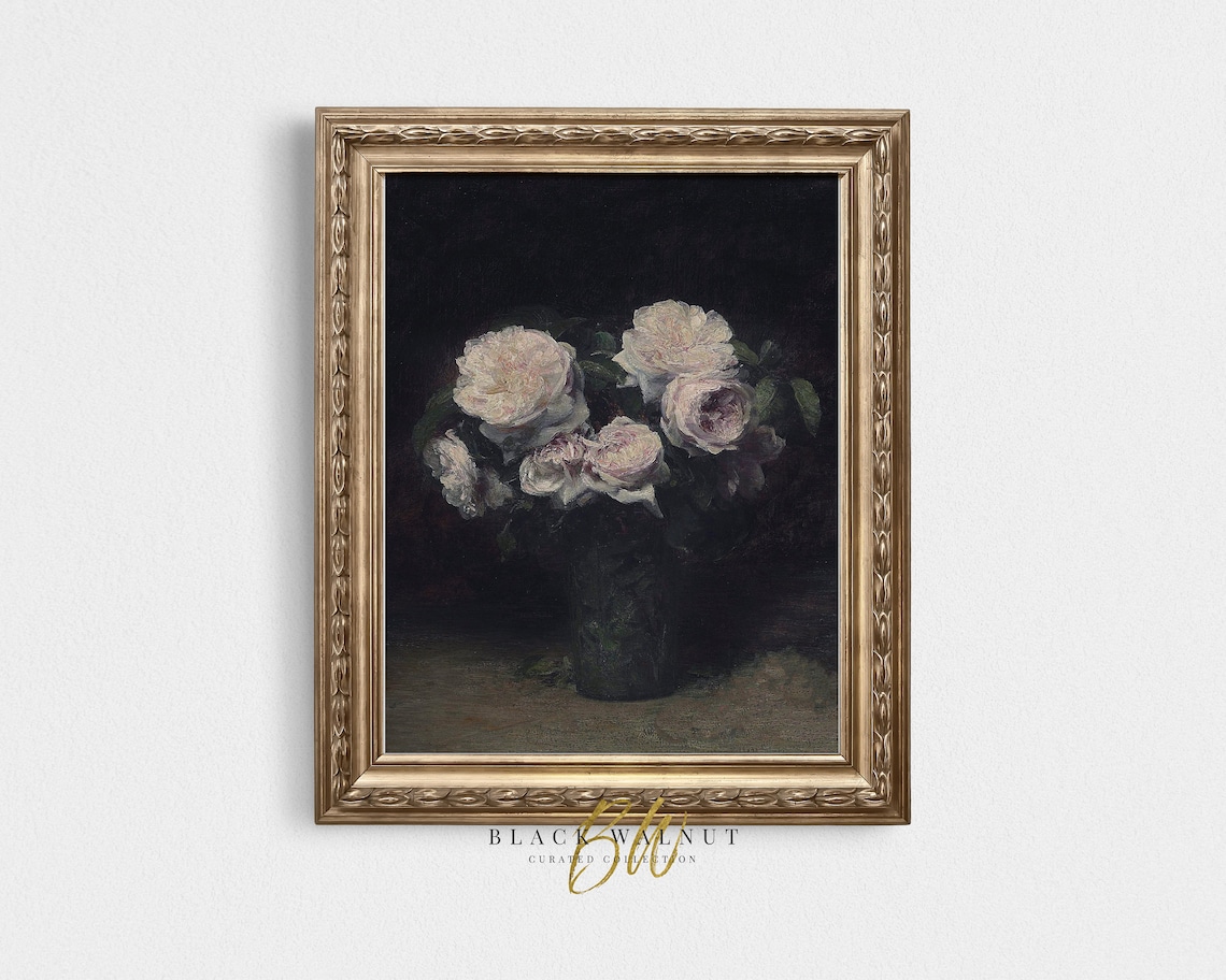 White Blush Roses Glass Vase Dark Moody Floral Still Life Painting Print