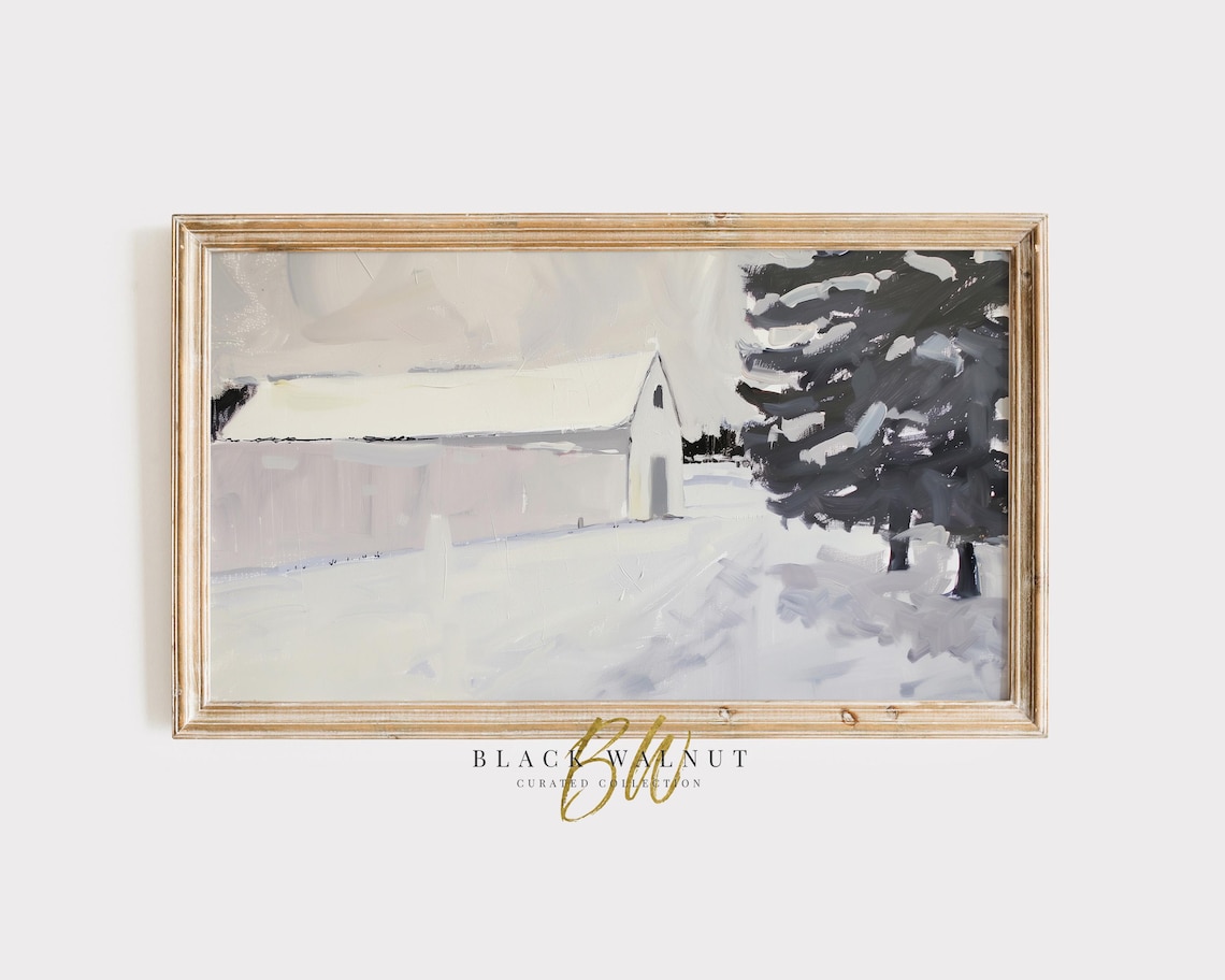 White Barn Snowy Evergreen Minimalist Winter Landscape Art Print