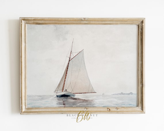 Vintage Sailboat Watercolor Muted Coastal Sailing Ship Ocean Scene Poster