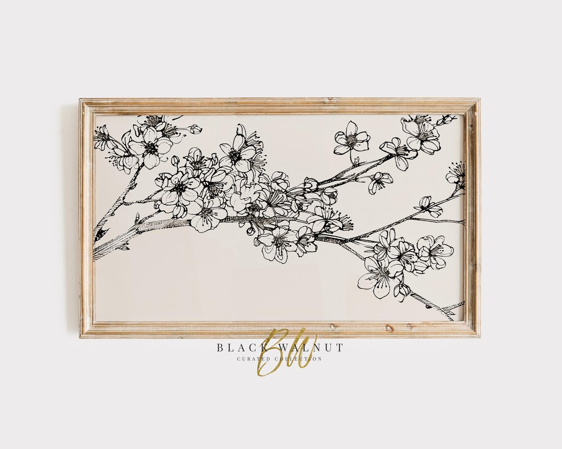 Flowering Branch Ink Sketch Minimal Botanical Line Art Floral Poster
