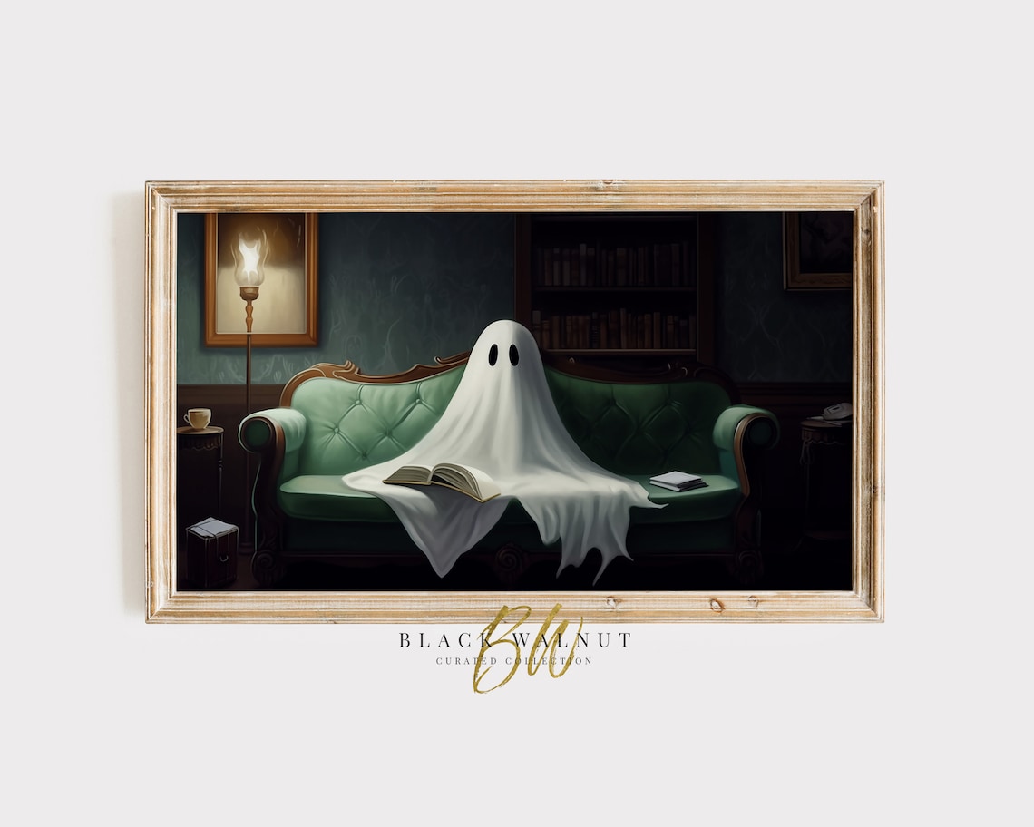 Cute Ghost Reading Book On Green Velvet Sofa Moody Library Halloween Poster