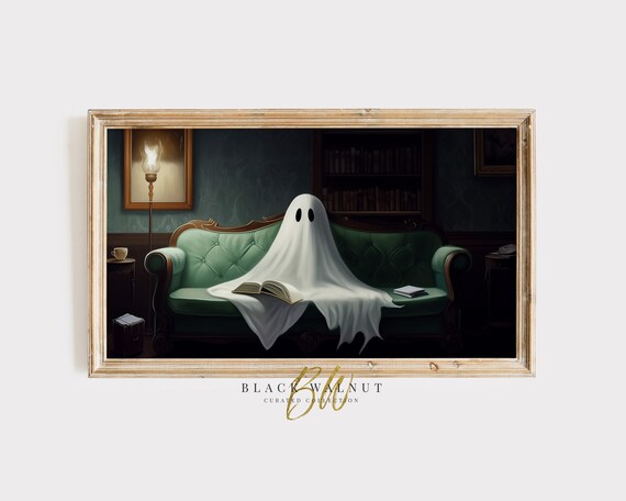 Cute Ghost Reading Book On Green Velvet Sofa Moody Library Halloween Poster