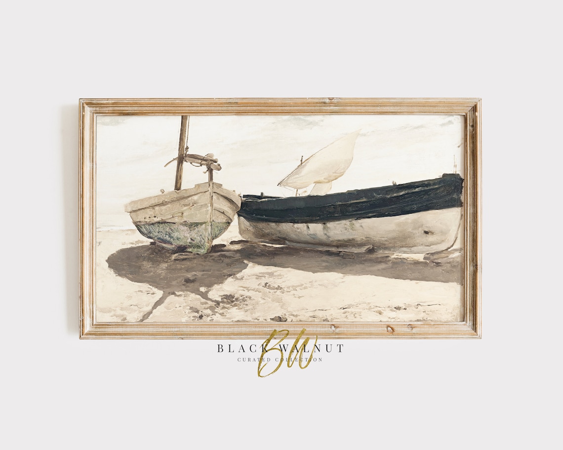 Beached Rustic Boats Muted Coastal Vintage Sailboat Painting Print