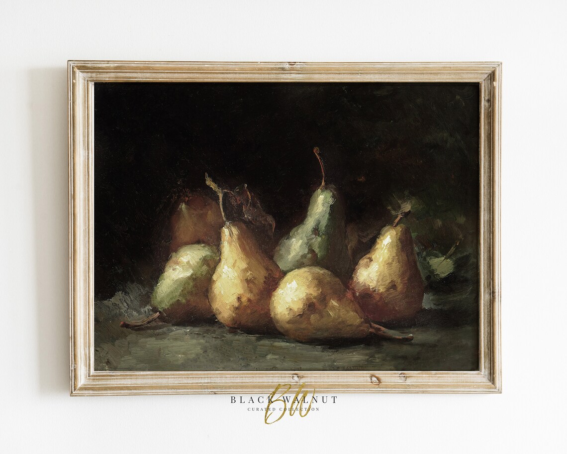 Golden Pears Group Dark Moody Antique Fruit Still Life Oil Painting Wall Art