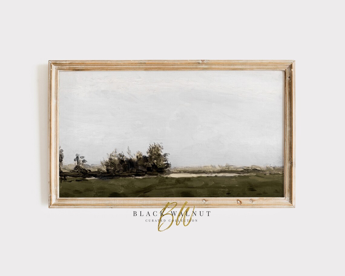 Muted Dark Green Meadow Pale Sky Minimalist Landscape Painting Poster