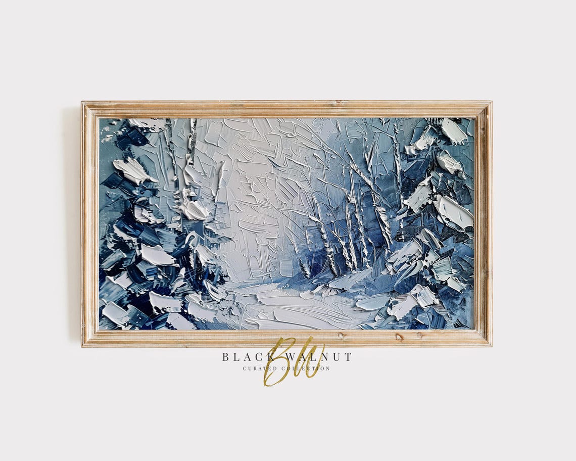 Abstract Blue Winter Forest Snowy Trees Palette Knife Textured Poster