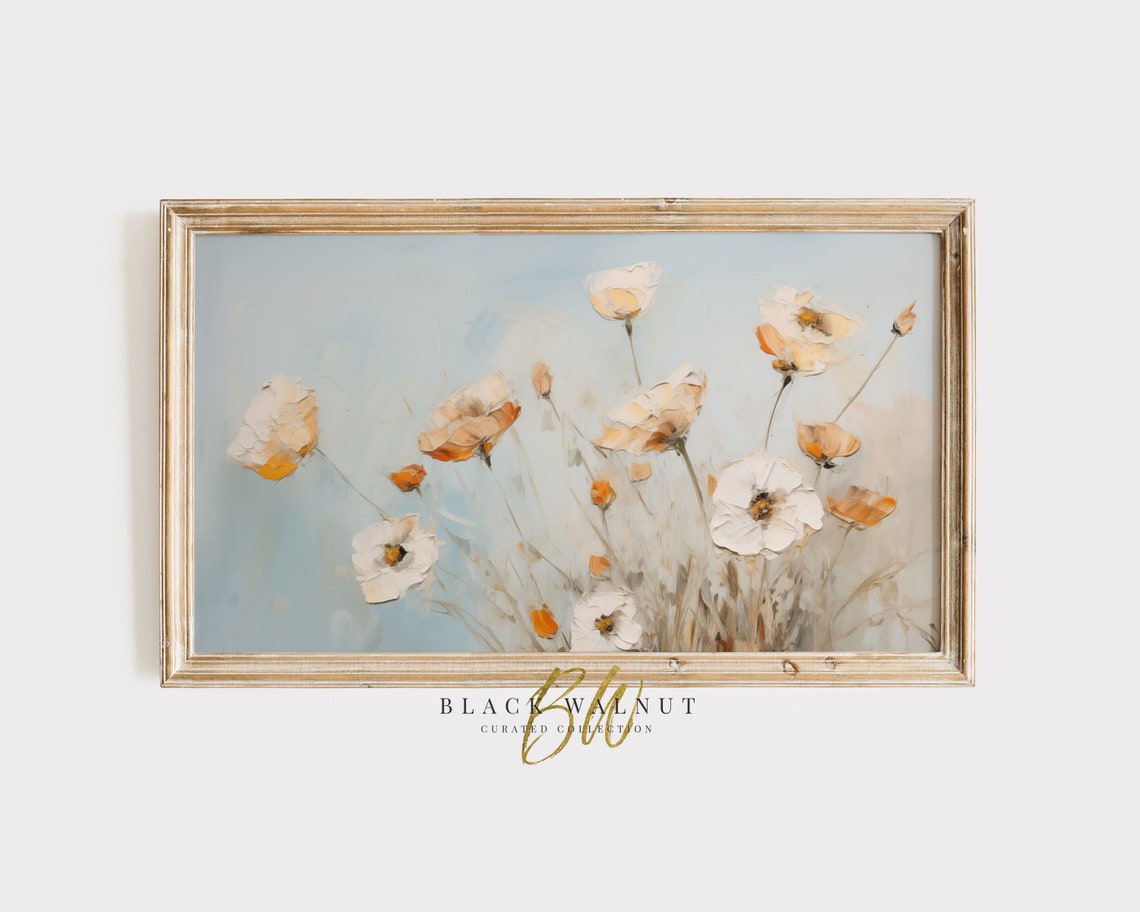 Soft White Orange Wildflowers Rustic Spring Meadow Floral Art Poster