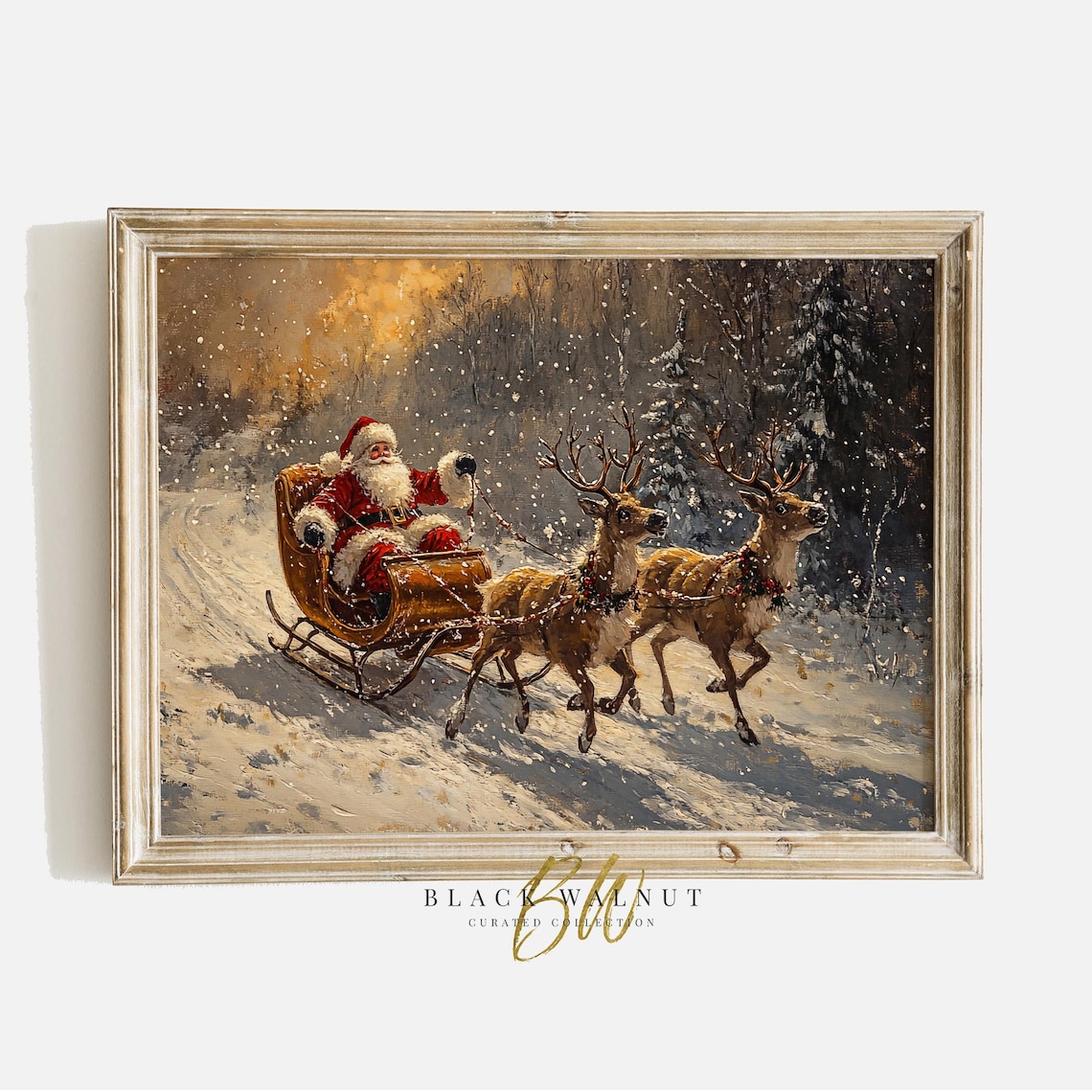 Vintage Santa Claus Sleigh Art Print, Rustic Holiday