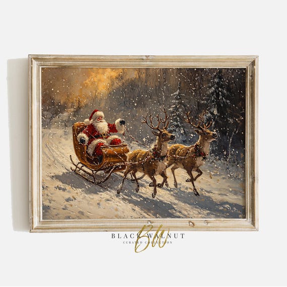 Vintage Santa Claus Sleigh Art Print, Rustic Holiday