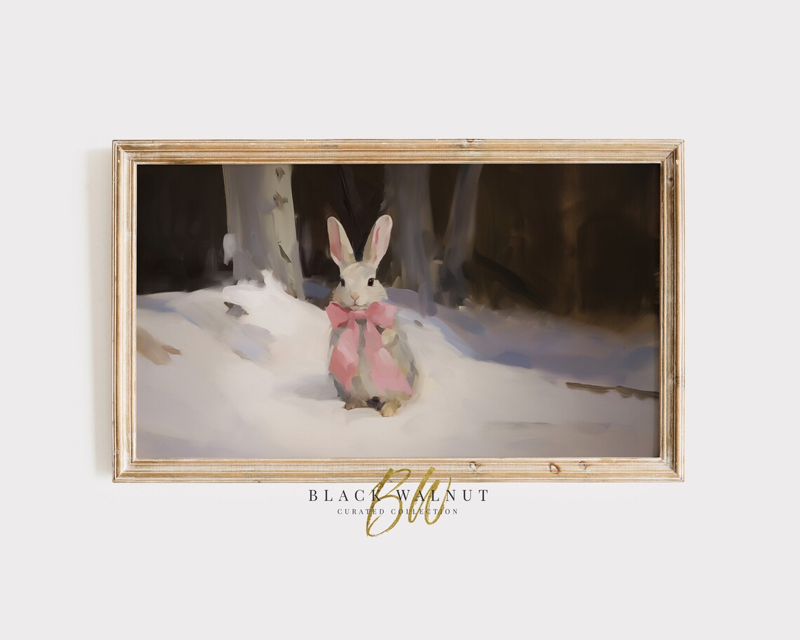Gray Bunny Pink Bow Snowy Woodland Painting Easter Nursery Art Print