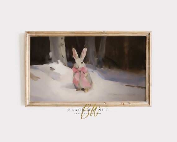 Gray Bunny Pink Bow Snowy Woodland Painting Easter Nursery Art Print