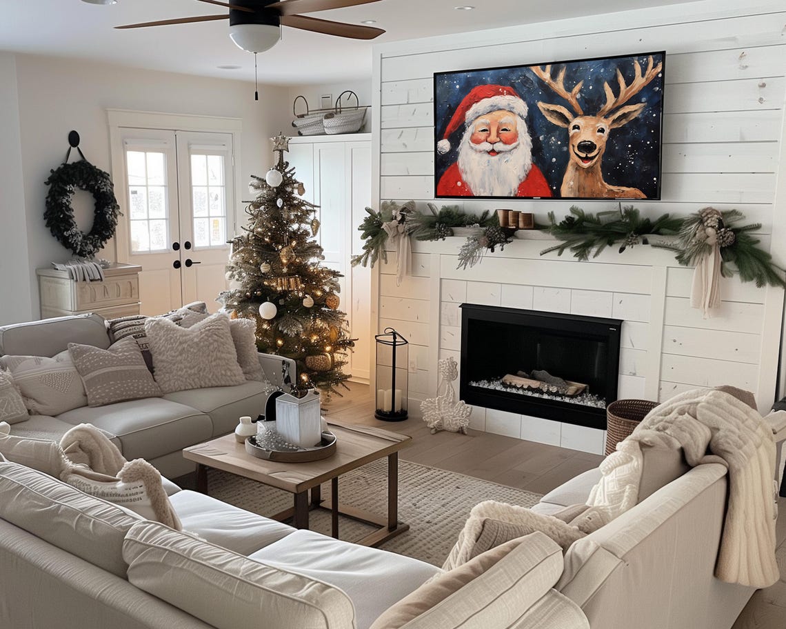 Frame Tv Christmas Art Cute Santa Claus Funny Reindeer Painting Colorful Winter Tv Art Jolly Santa Holiday Decor - Image 2