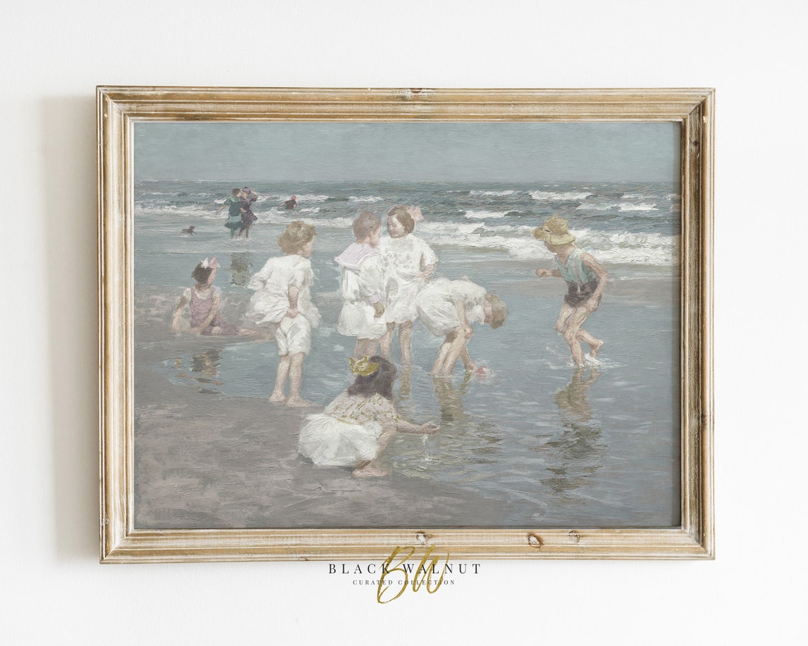 Vintage Summer Painting Coastal Antique Oil Painting Muted Ocean Print Vintage Beach Art Print Lake House Decor Pastel Painting