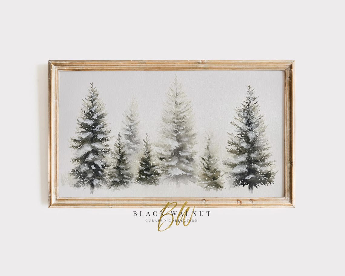 Snow Covered Evergreen Pines Watercolor Soft Winter Forest Art Poster
