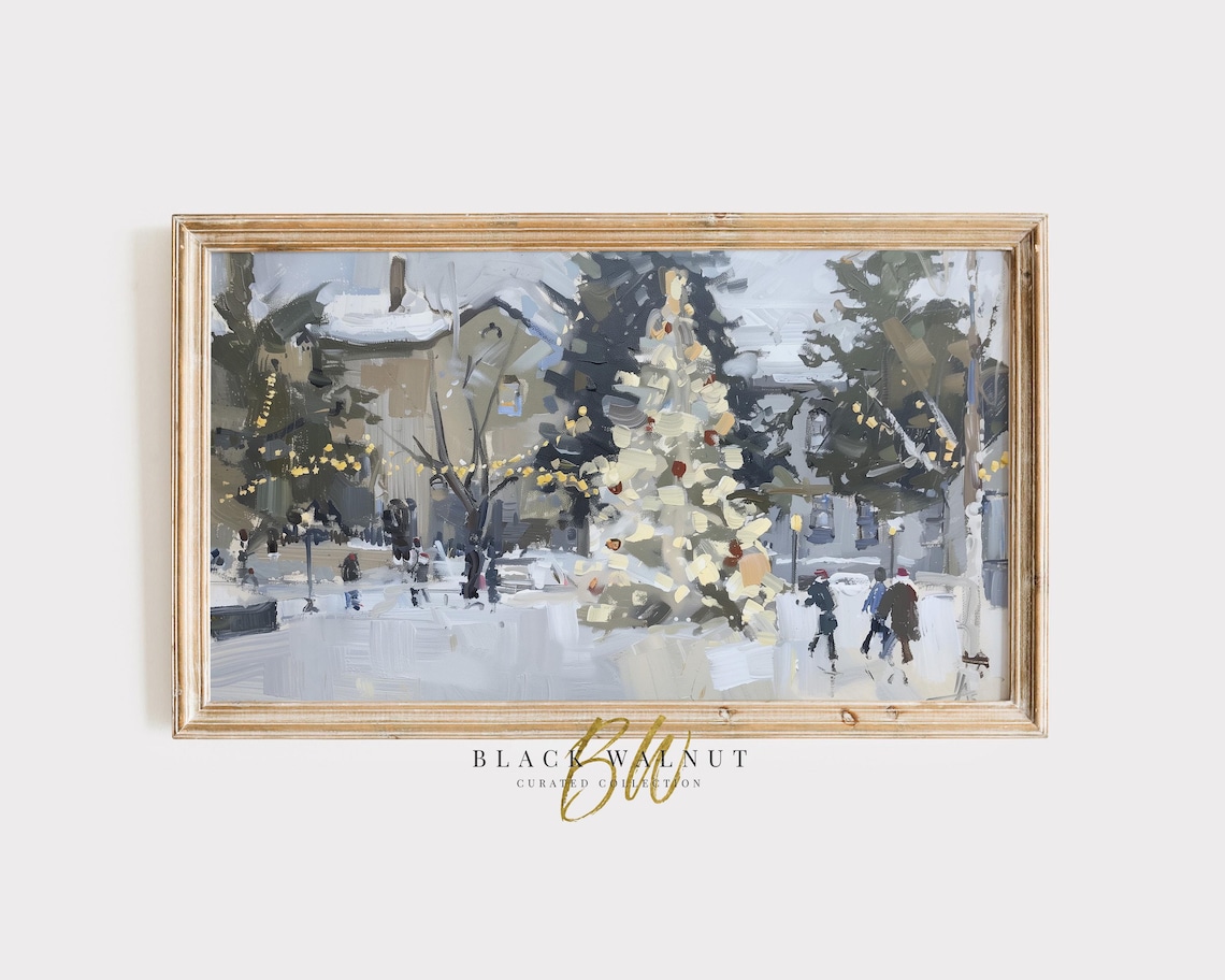 Snowy Christmas Village Tree Town Square Winter Holiday Art Poster