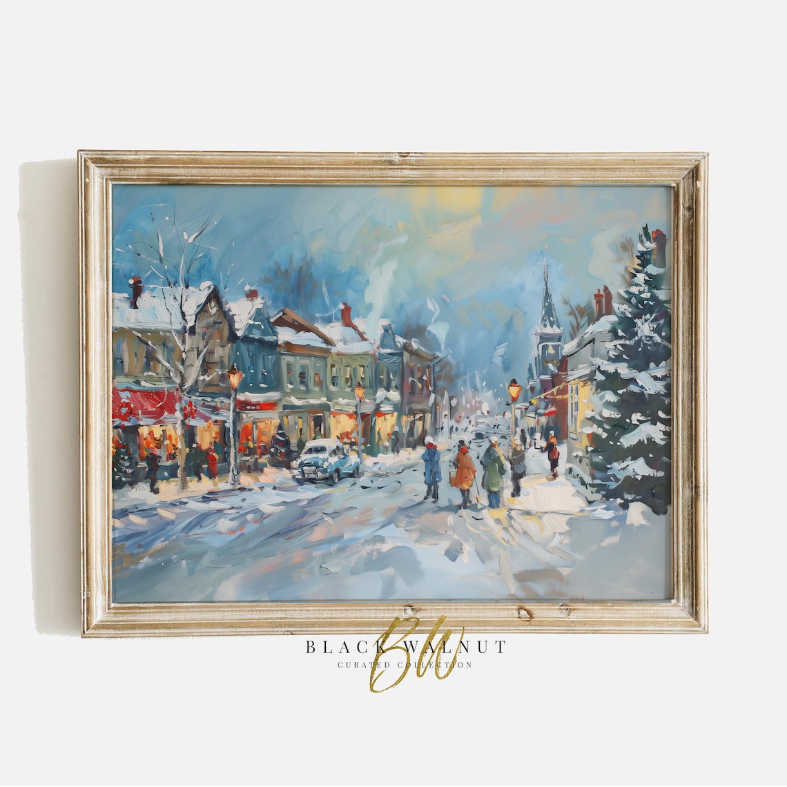 Retro Christmas Downtown Street Snowy Shops Vintage Holiday Art Print