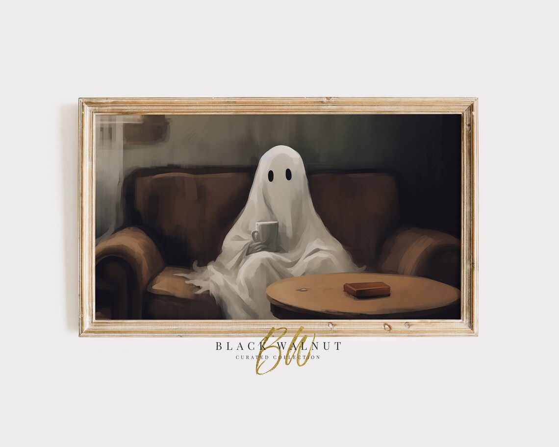 Cute Ghost Holding Mug Brown Couch Funny Coffee Lover Halloween Wall Art Print