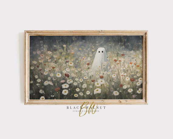 Cute Ghost In Wildflower Field Daisies Moody Vintage Halloween Art Print