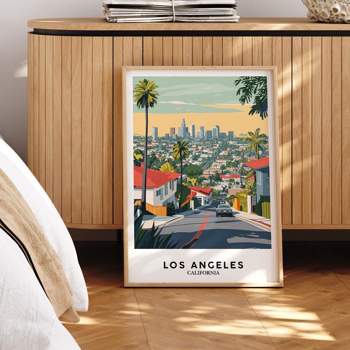 Los Angeles Skyline Street Palm Trees California Sunset Poster