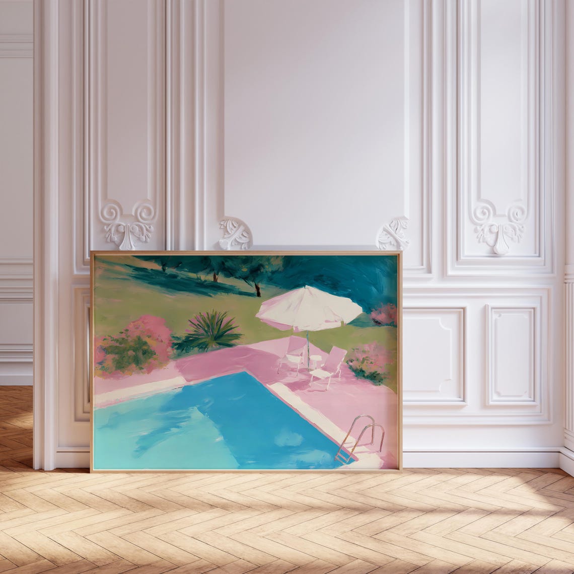 Retro Swimming Pool Pink Patio Summer Resort Painting Poster