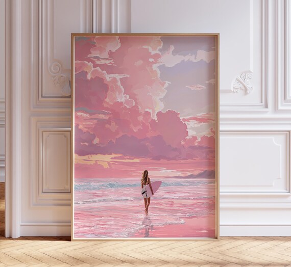 Surfer Girl Pink Sunset Ocean Waves Surfboard Coastal Beach Art Print